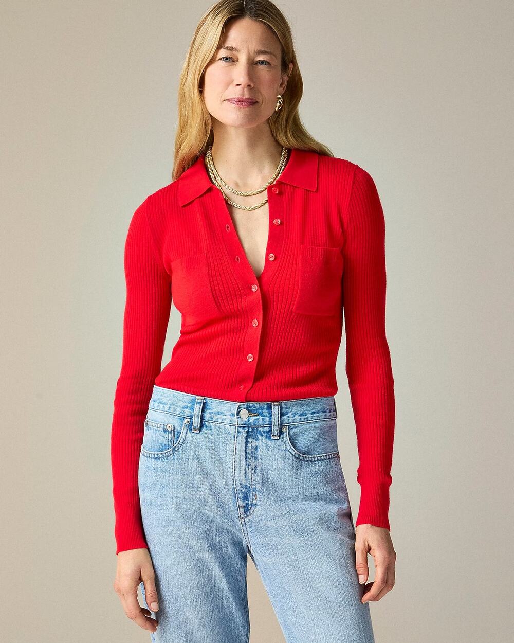 J. Crew Collared Button-Up Sweater Merino Wool Blend Ribbed Bright Rouge Red XXS